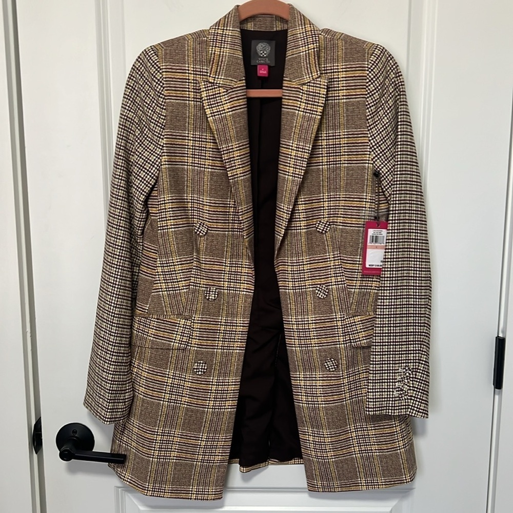 NWT Vince Camuto Women’s Long Double Breasted Blazer Brown Plaid size 2 - Picture 3 of 9